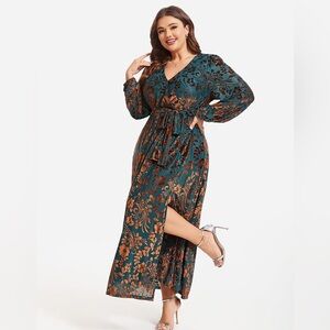 Plus Size Teal & Copper Floral V-Neck Maxi Dress